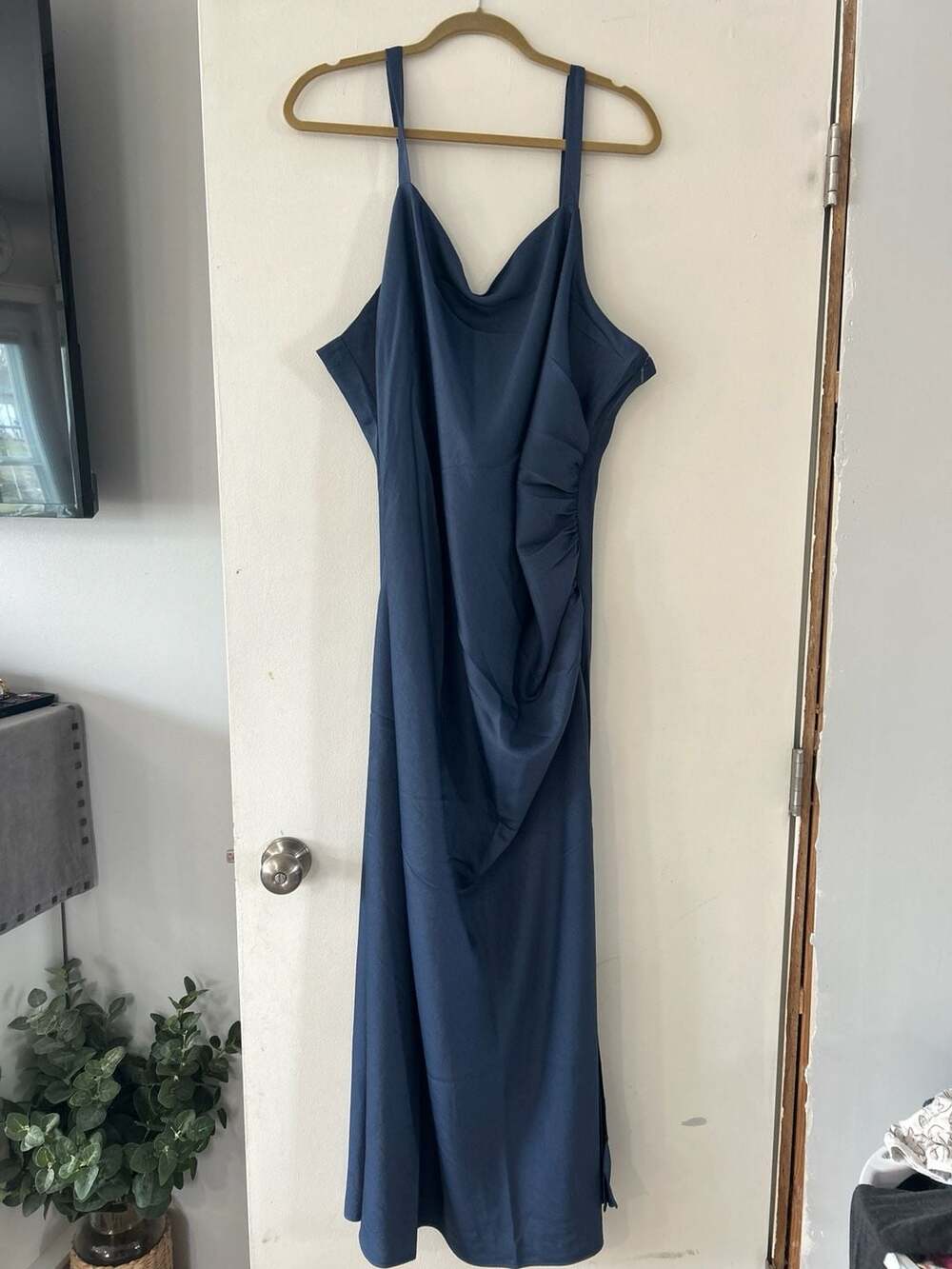 Skies Are Blue Curvy Navy Blue Satin Cowl Neck Ruched Maxi Dress, Size 3X